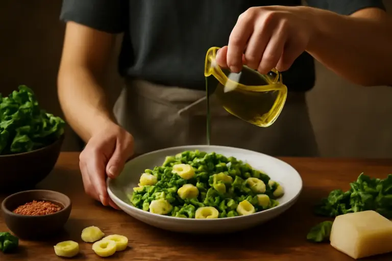 Orecchiette con cima di rapa ricetta pugliese: il gesto finale che esalta il profumo degli ingredienti